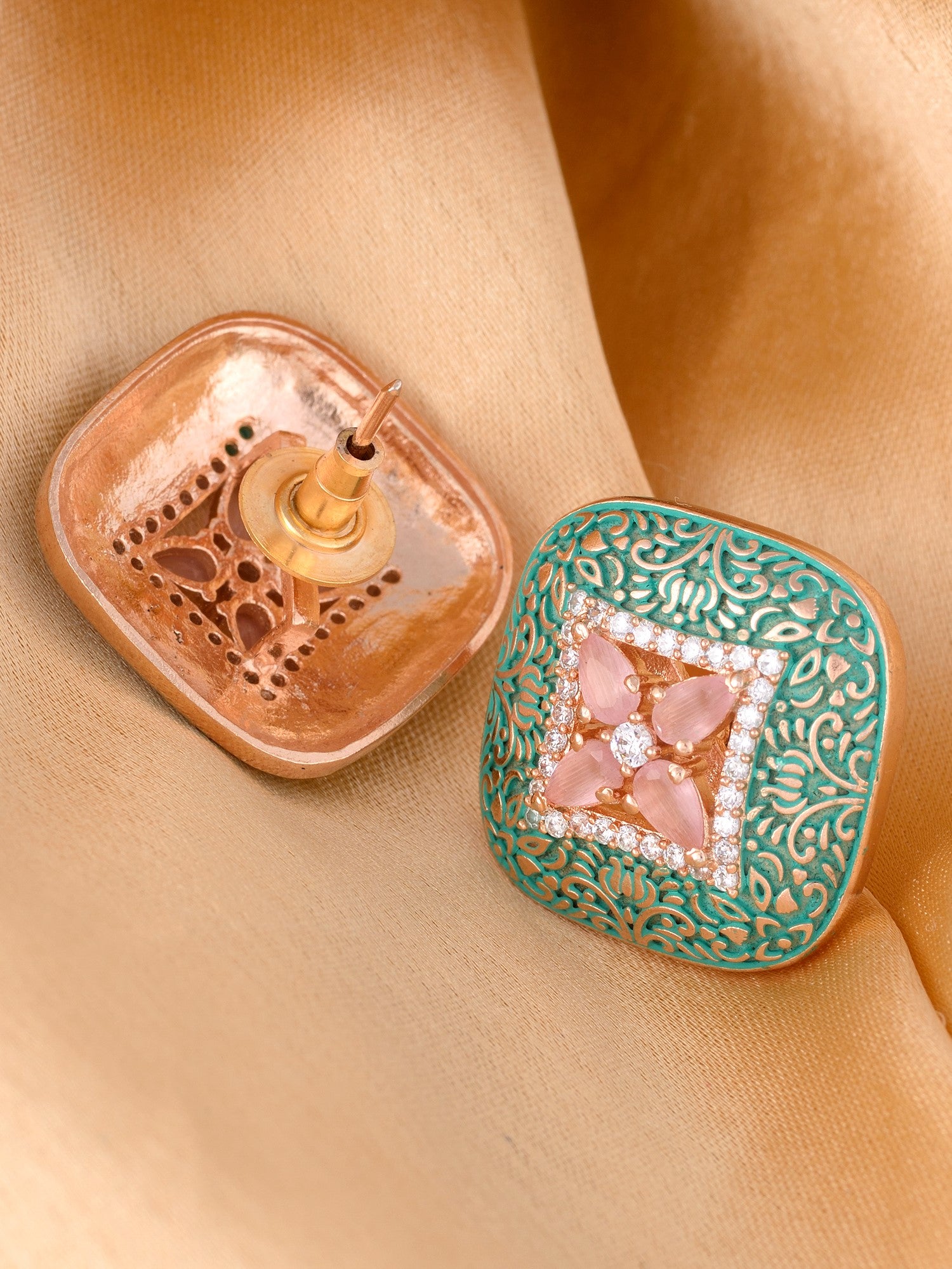 Teal Enamelled Studs Green Meenakari & Pastel Pink AD small earrings